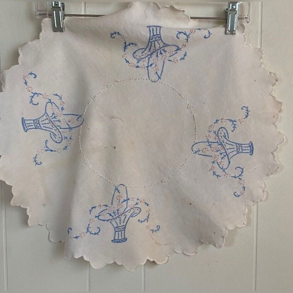 Vintage Tablecloth Small White Linen Embroidered Floral Basket 18” *Read*